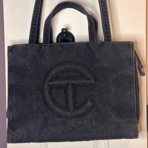 Medium black denim telfar shopper bag